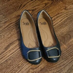 Sofft Black Leather Flats with Gold Buckle